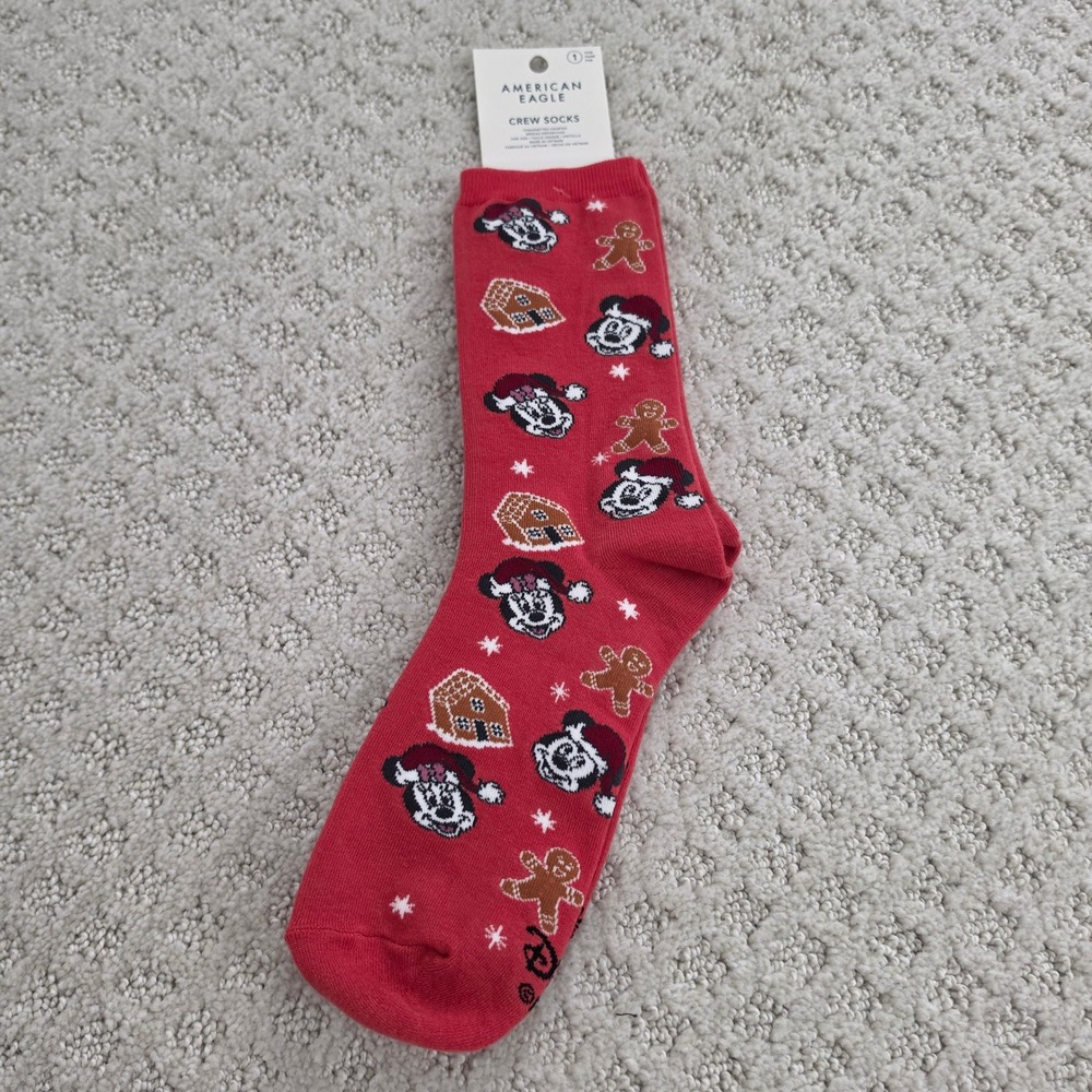 American Eagle Disney Christmas Crew Socks Red Mickey Minnie Gingerbread OS NEW